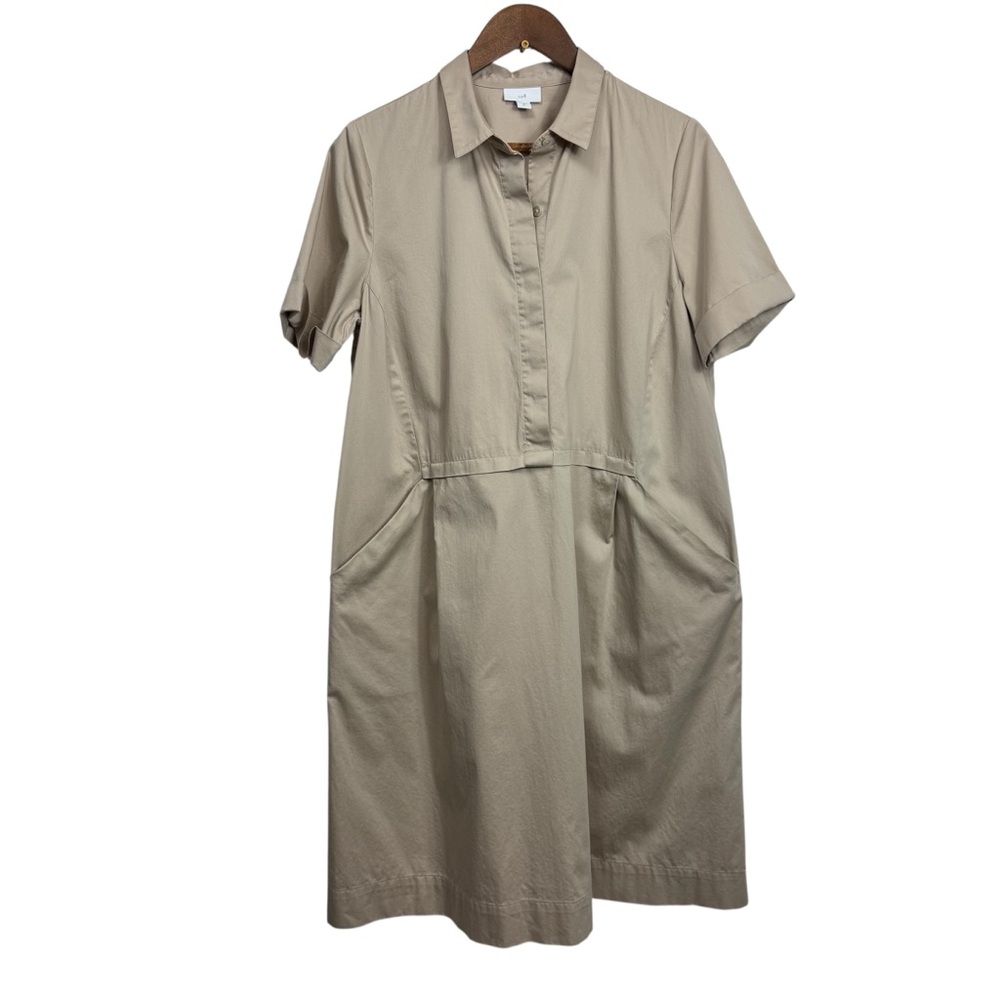 J. Jill Beige Tan Shirt Dress Pockets Neutral Plain Country Cottage Medium Tall